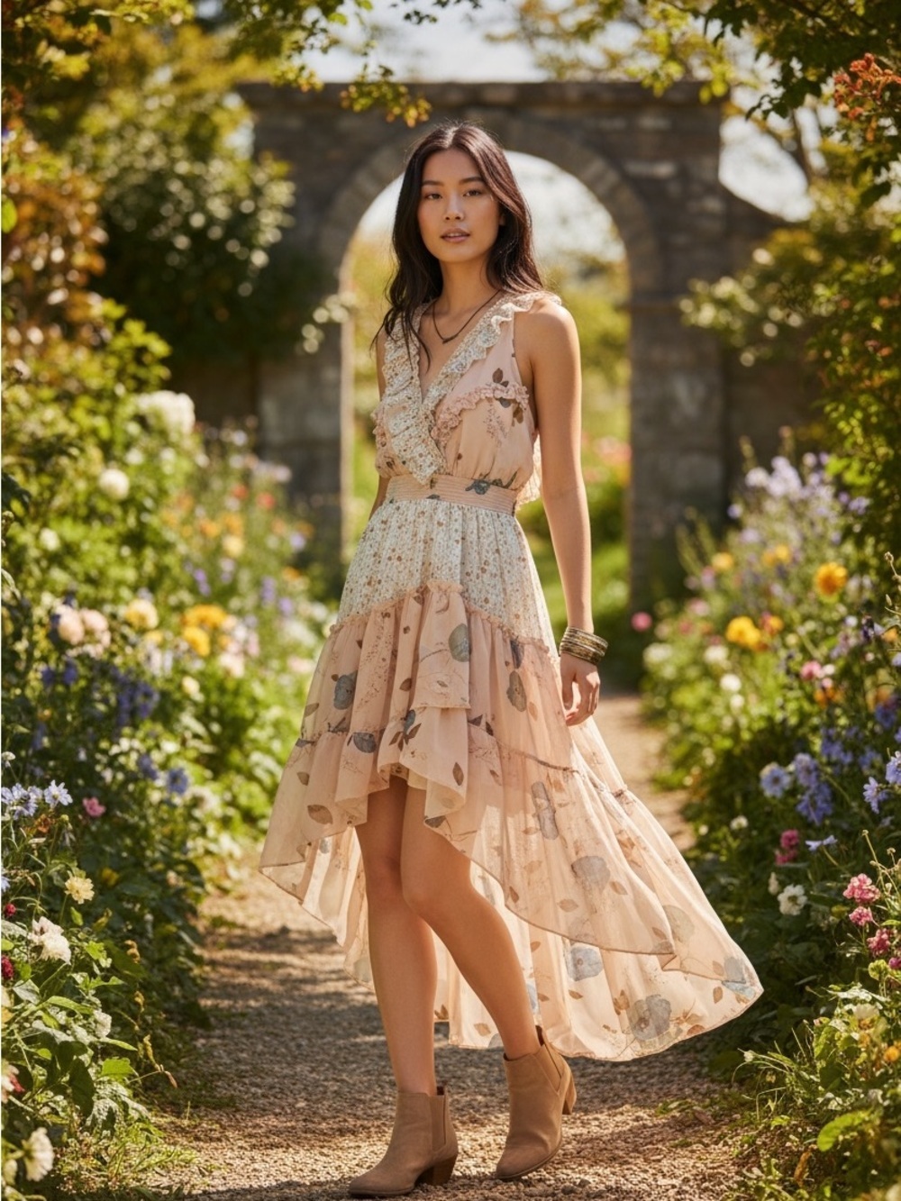 Free People Floral Skies Hi-Low Ruffle Midi Dress S
